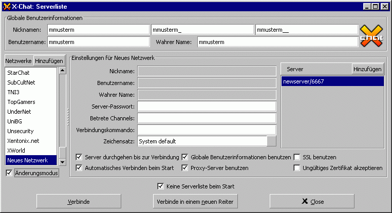 Konfiguration X-Chat: Serverliste - Eintragen von Arktur