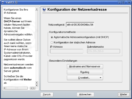 Linux - Netzwerkkarte einstellen mit YaST2