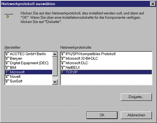 Hinzufügen des TCP/IP-Protokolls