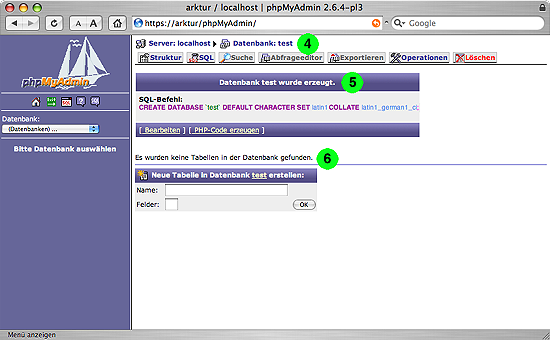 MySQL - Datenbank test wurde angelegt